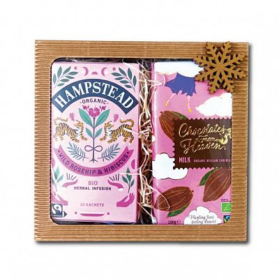 Dárkový balíček růžový - bio šípkový čaj s ibiškem, mléčná čokoláda